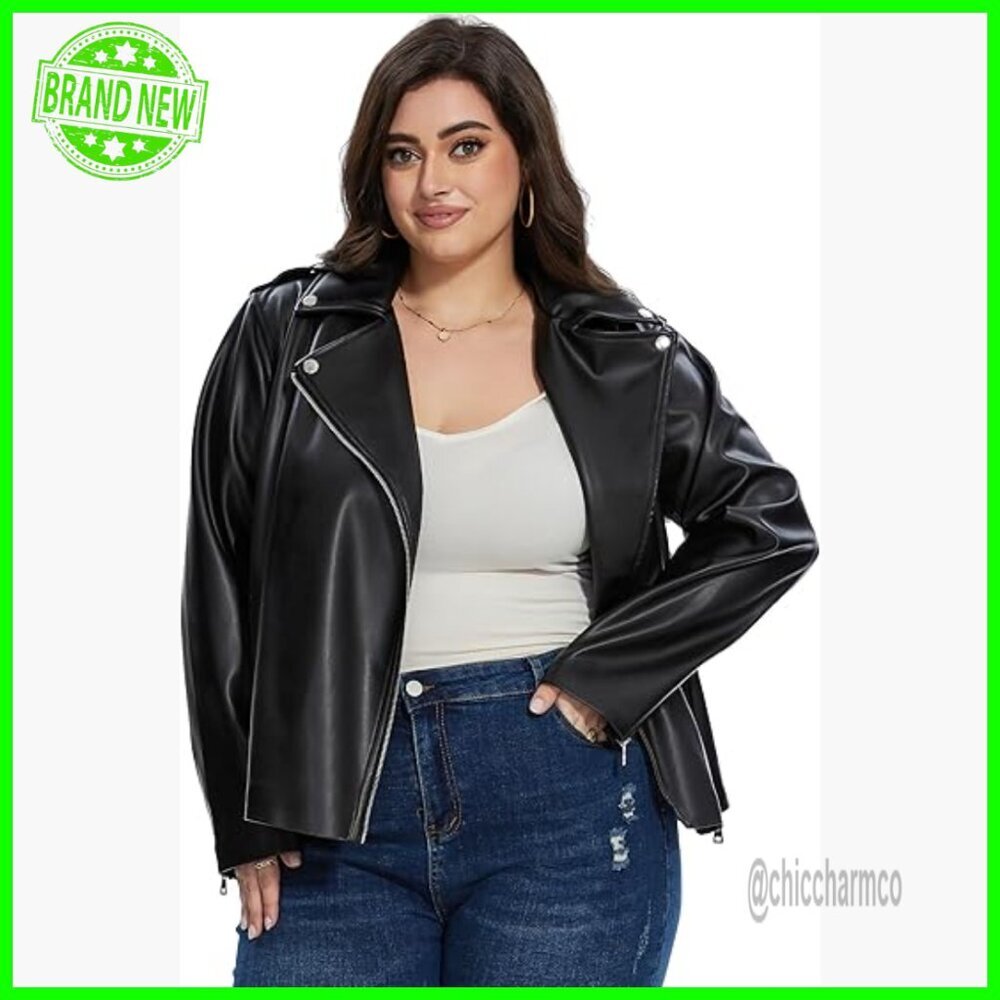 Plus Size Faux Leather Motorcycle Jacket Zip Up Fitted Biker Coat